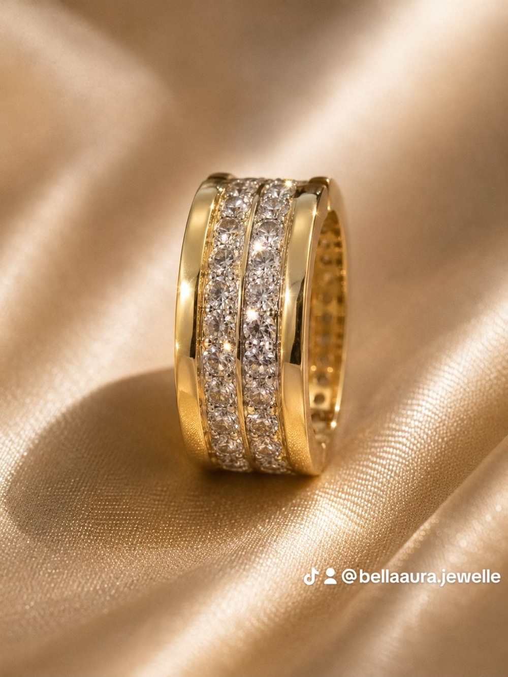 Bvlgari 14K Gold Wide Band Ring Size7,Double Row Diamond Look Luxury Ring 12.12g